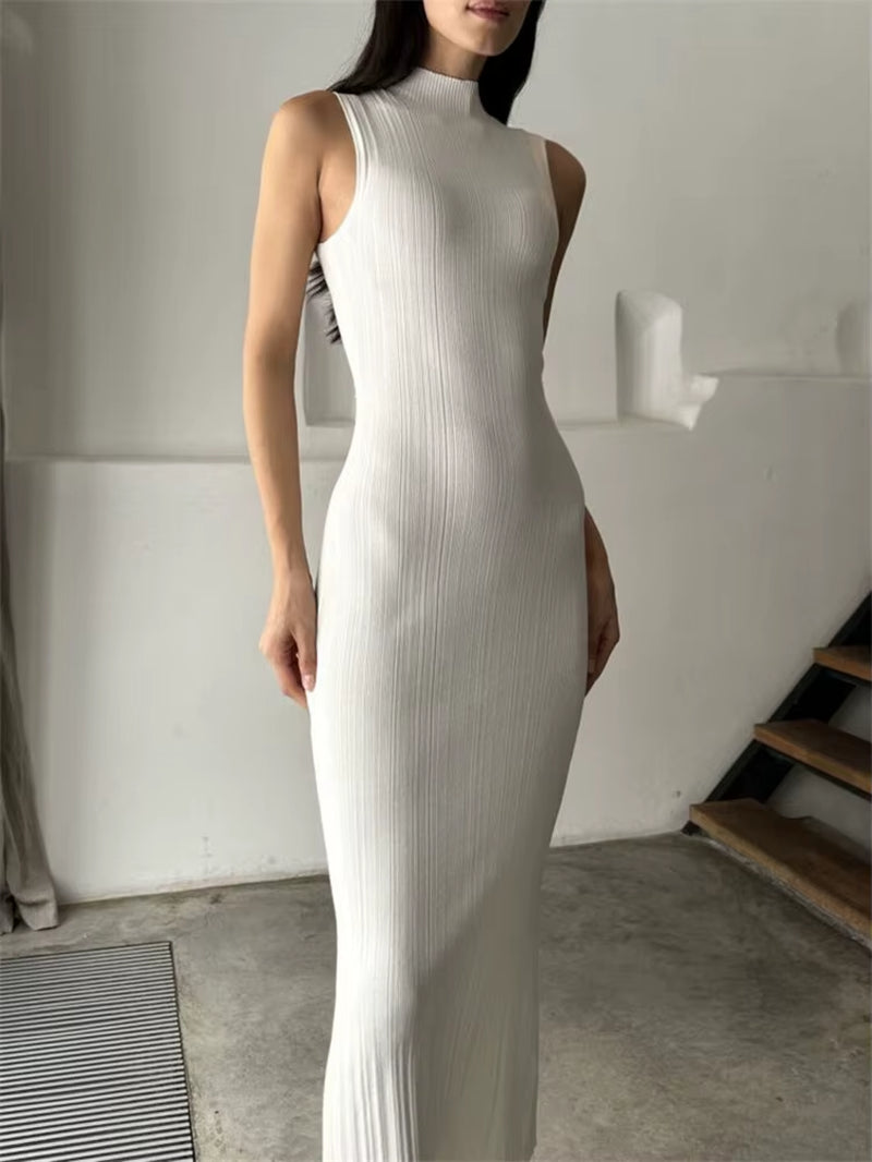 Sleeveless Knitwear Turtleneck Long Dress Female Slim Elegant Fashion Autumn 2023 Ribbed Knit Dress for Women Maxi Dress