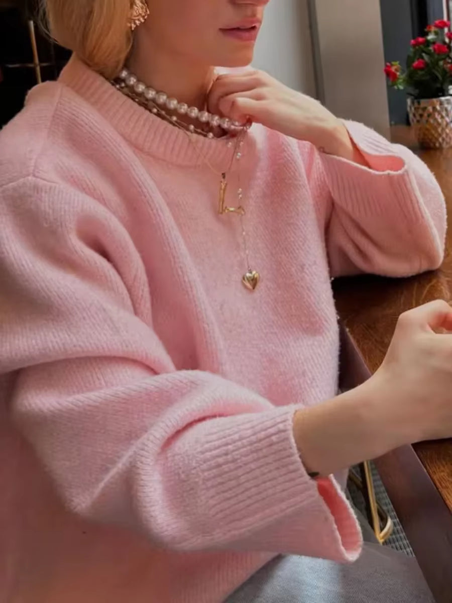 Women'S Autumn Winter Knit Sweater Casual Loose Long Sleeve O Neck Solid Color Knitwear Female Fall Knitted Pullovers Tops Daily