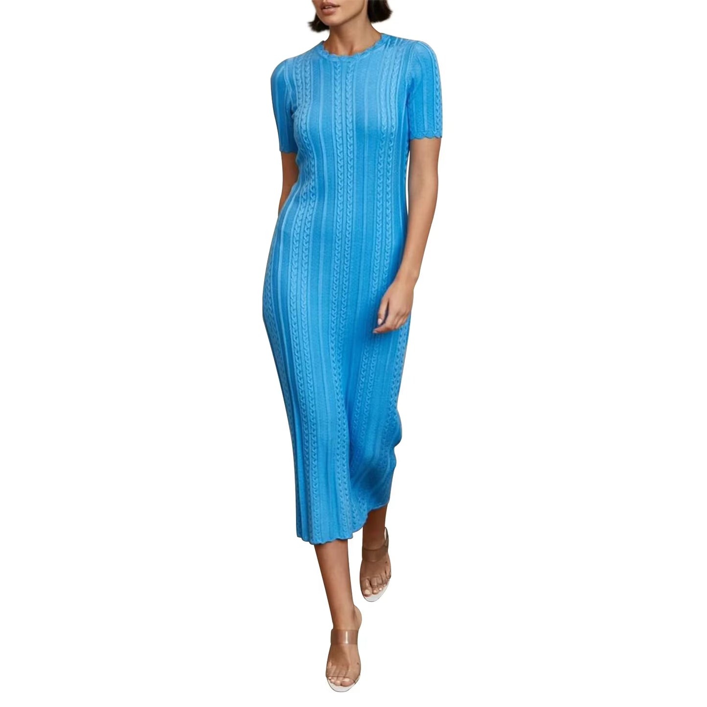 Women Elegant Slim Bodycon Midi Party Dress Short Sleeve Solid Cable Knit Dress