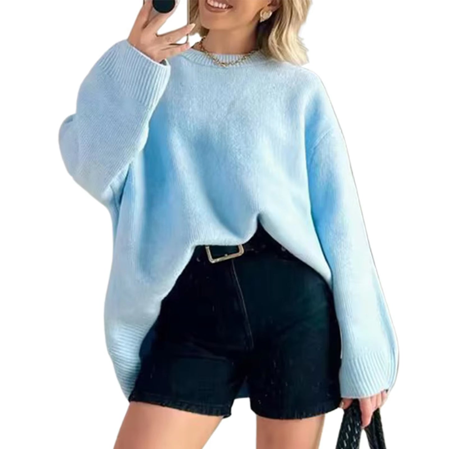 Women'S Autumn Winter Knit Sweater Casual Loose Long Sleeve O Neck Solid Color Knitwear Female Fall Knitted Pullovers Tops Daily