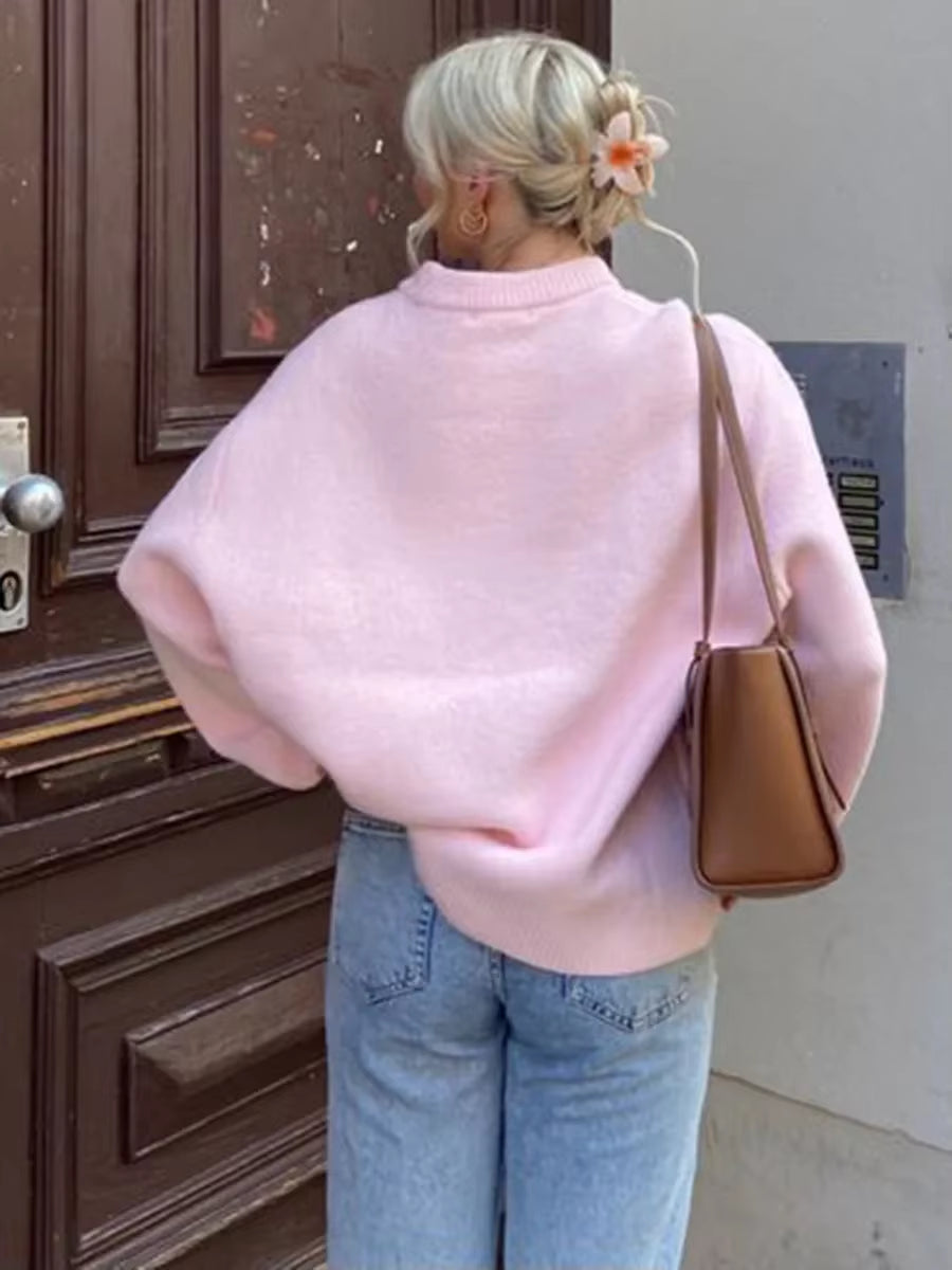 Women'S Autumn Winter Knit Sweater Casual Loose Long Sleeve O Neck Solid Color Knitwear Female Fall Knitted Pullovers Tops Daily