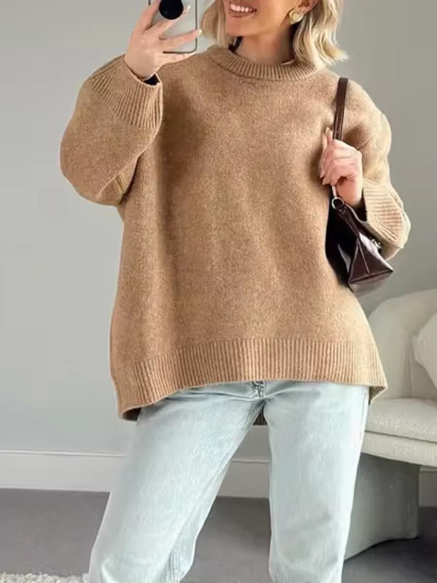 Women'S Autumn Winter Knit Sweater Casual Loose Long Sleeve O Neck Solid Color Knitwear Female Fall Knitted Pullovers Tops Daily