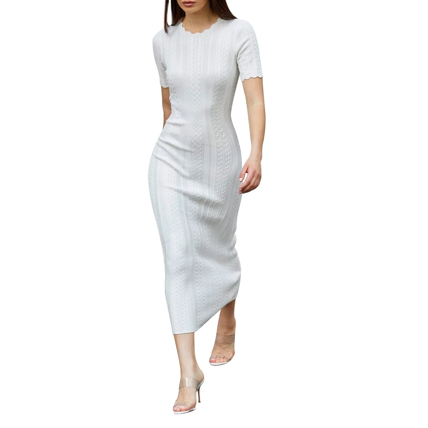 Women Elegant Slim Bodycon Midi Party Dress Short Sleeve Solid Cable Knit Dress