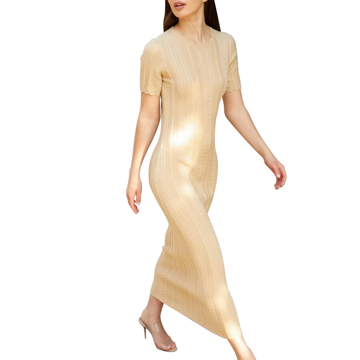 Women Elegant Slim Bodycon Midi Party Dress Short Sleeve Solid Cable Knit Dress