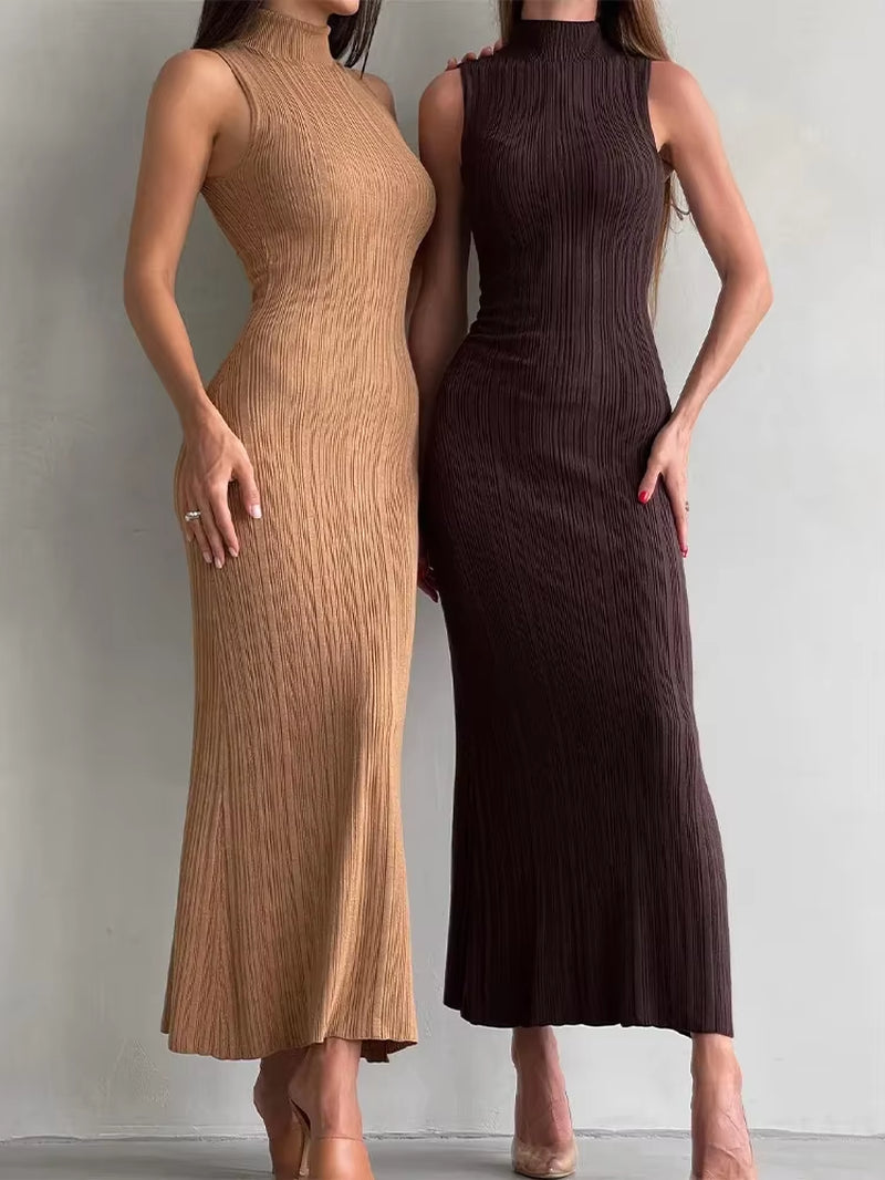 Sleeveless Knitwear Turtleneck Long Dress Female Slim Elegant Fashion Autumn 2023 Ribbed Knit Dress for Women Maxi Dress