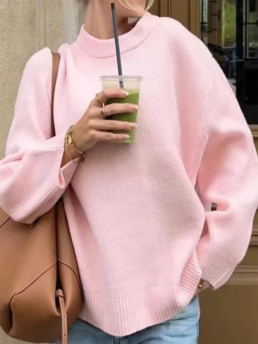 Women'S Autumn Winter Knit Sweater Casual Loose Long Sleeve O Neck Solid Color Knitwear Female Fall Knitted Pullovers Tops Daily