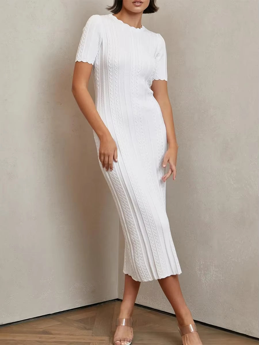 Women Elegant Slim Bodycon Midi Party Dress Short Sleeve Solid Cable Knit Dress