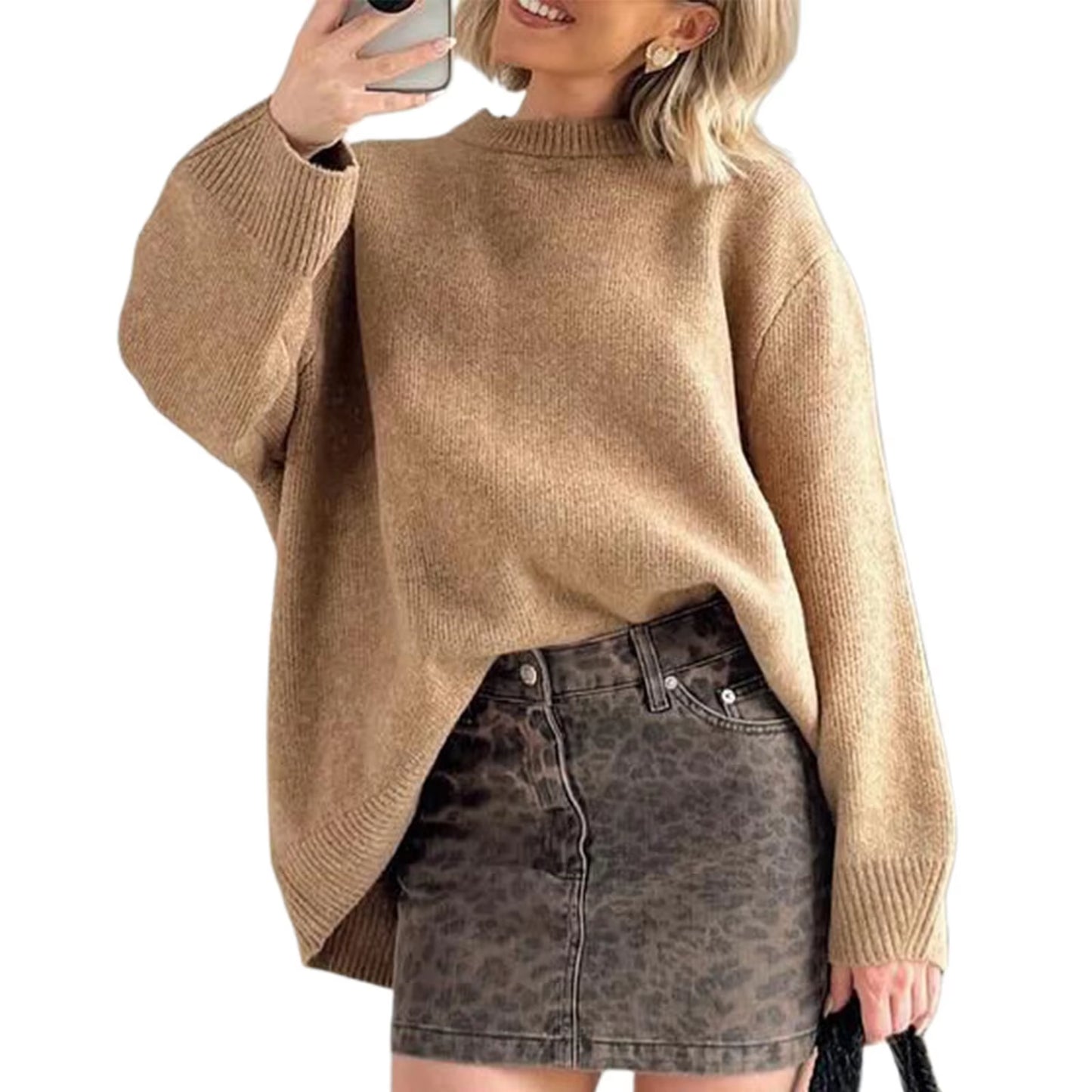Women'S Autumn Winter Knit Sweater Casual Loose Long Sleeve O Neck Solid Color Knitwear Female Fall Knitted Pullovers Tops Daily