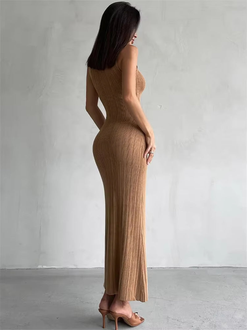 Sleeveless Knitwear Turtleneck Long Dress Female Slim Elegant Fashion Autumn 2023 Ribbed Knit Dress for Women Maxi Dress