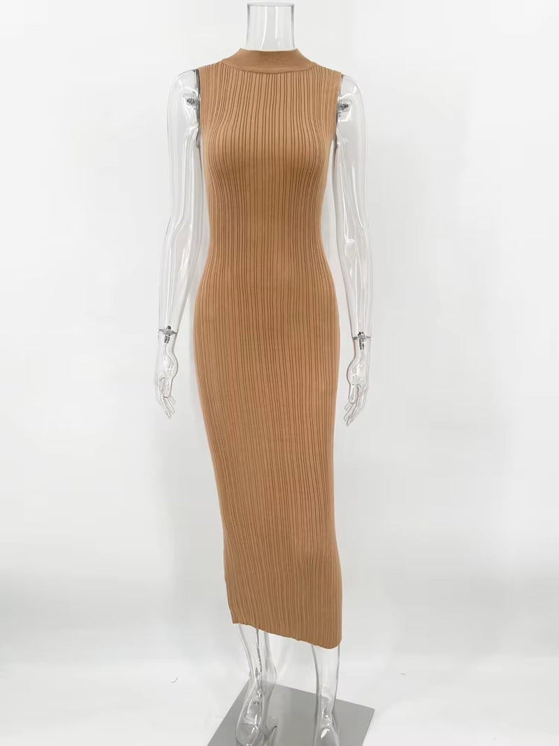 Sleeveless Knitwear Turtleneck Long Dress Female Slim Elegant Fashion Autumn 2023 Ribbed Knit Dress for Women Maxi Dress