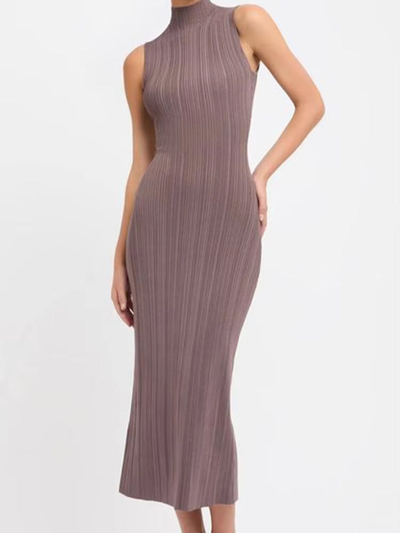 Sleeveless Knitwear Turtleneck Long Dress Female Slim Elegant Fashion Autumn 2023 Ribbed Knit Dress for Women Maxi Dress