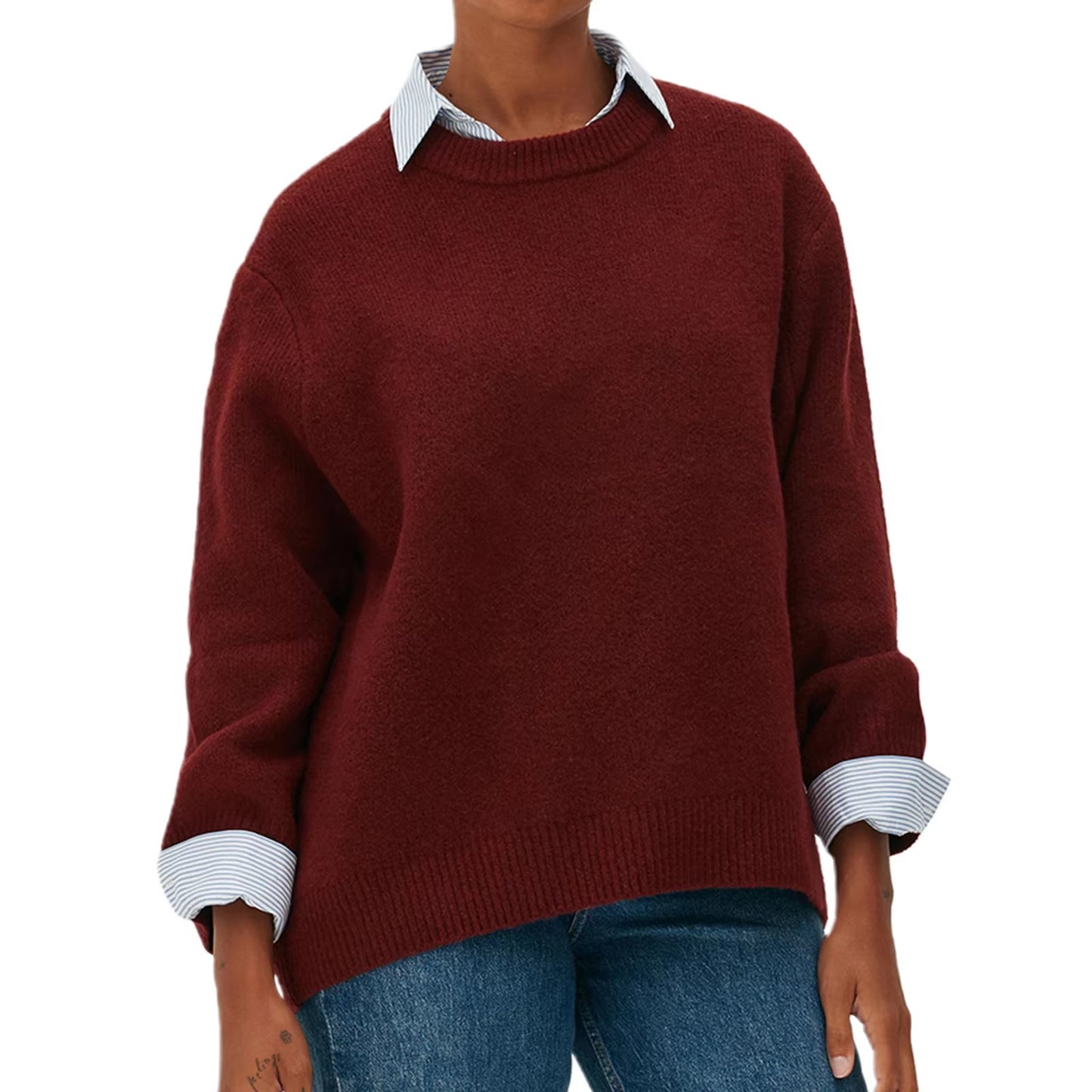 Women'S Autumn Winter Knit Sweater Casual Loose Long Sleeve O Neck Solid Color Knitwear Female Fall Knitted Pullovers Tops Daily