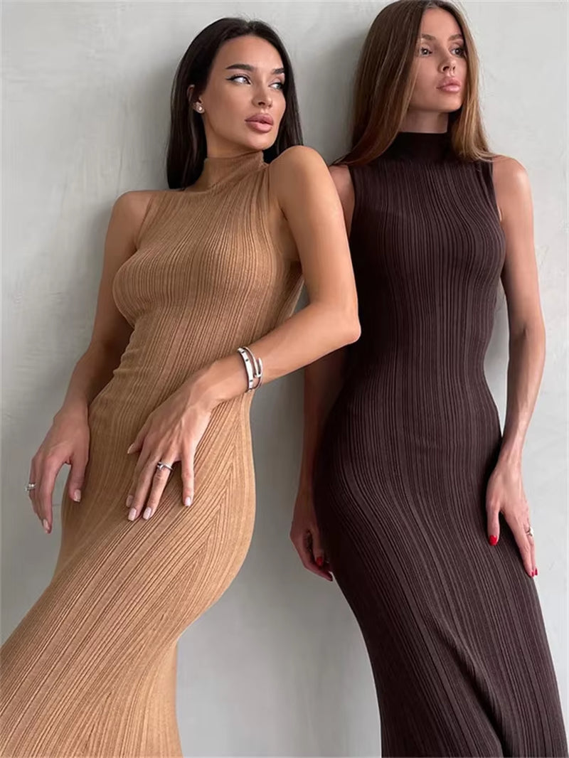 Sleeveless Knitwear Turtleneck Long Dress Female Slim Elegant Fashion Autumn 2023 Ribbed Knit Dress for Women Maxi Dress