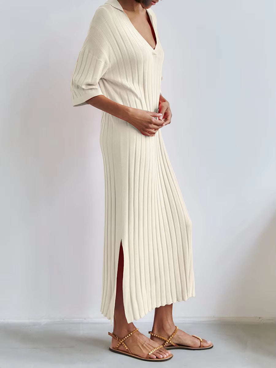 Women Long Dress, Elegant Half Sleeve V Neck Solid Loose Slit Dress Summer Knit Dress