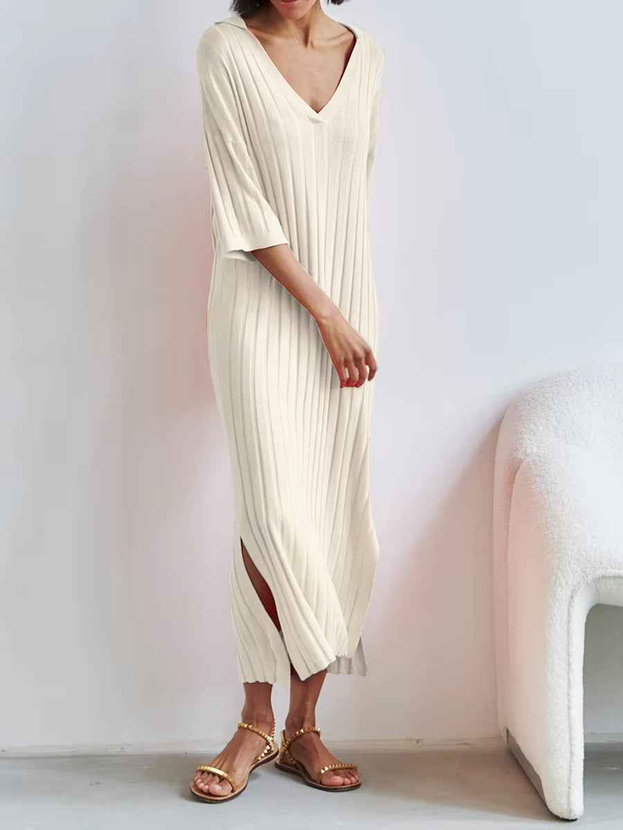 Women Long Dress, Elegant Half Sleeve V Neck Solid Loose Slit Dress Summer Knit Dress