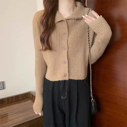 Women Single-Breasted Cardigan Sweater Stripe Polo Neck Long Sleeve Knit Sweater Solid Casual Sweater for Women Autumn Winter