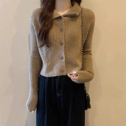 Women Single-Breasted Cardigan Sweater Stripe Polo Neck Long Sleeve Knit Sweater Solid Casual Sweater for Women Autumn Winter