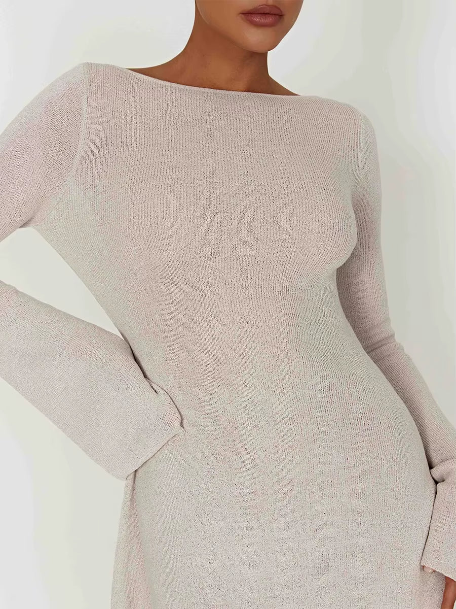 Knitting Elegant Dress for Women Spring Fall Solid Color O Neck Backless Irregular Hem Simple Basic Slim Dresses