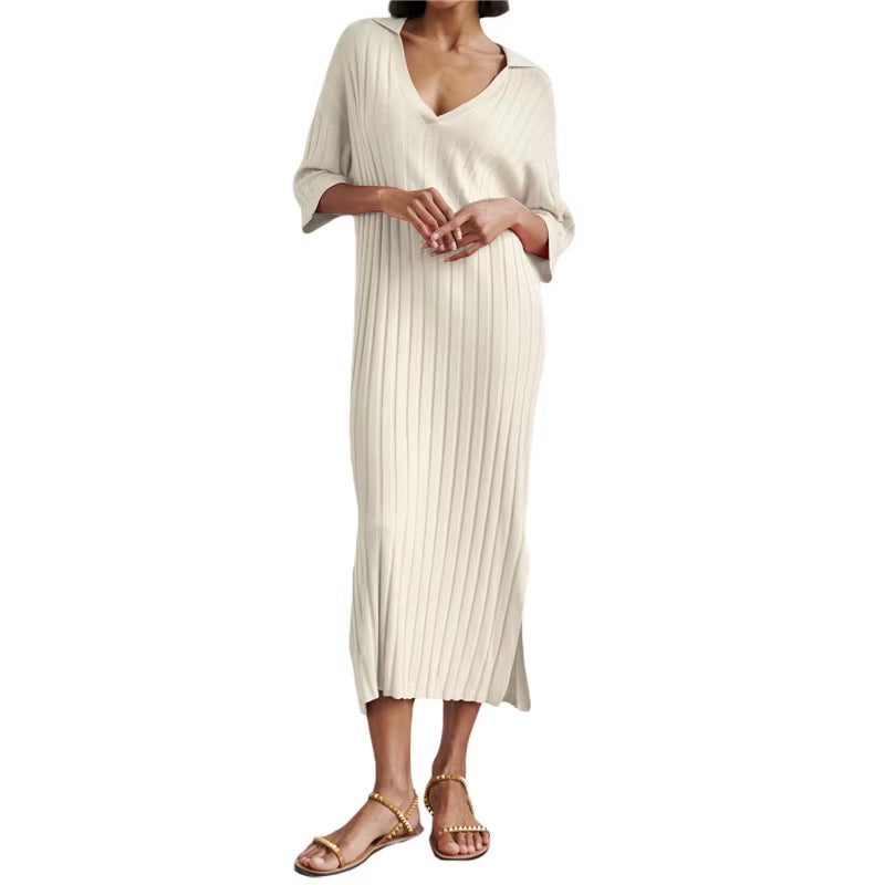 Women Long Dress, Elegant Half Sleeve V Neck Solid Loose Slit Dress Summer Knit Dress