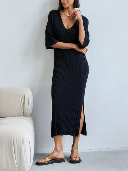 Women Long Dress, Elegant Half Sleeve V Neck Solid Loose Slit Dress Summer Knit Dress