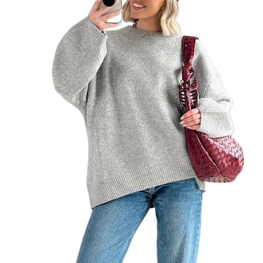 Women'S Autumn Winter Knit Sweater Casual Loose Long Sleeve O Neck Solid Color Knitwear Female Fall Knitted Pullovers Tops Daily