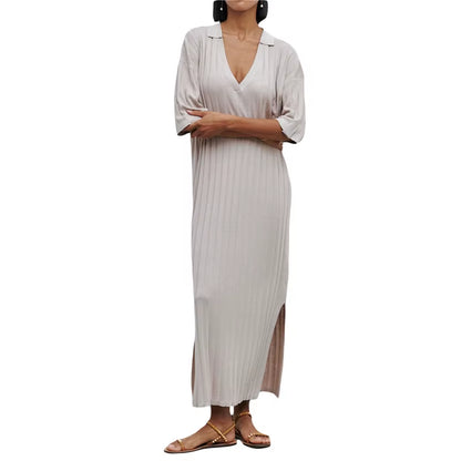 Women Long Dress, Elegant Half Sleeve V Neck Solid Loose Slit Dress Summer Knit Dress