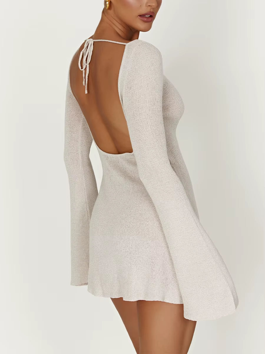 Knitting Elegant Dress for Women Spring Fall Solid Color O Neck Backless Irregular Hem Simple Basic Slim Dresses