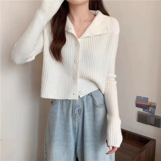 Women Single-Breasted Cardigan Sweater Stripe Polo Neck Long Sleeve Knit Sweater Solid Casual Sweater for Women Autumn Winter