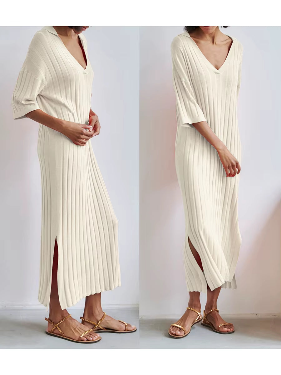 Women Long Dress, Elegant Half Sleeve V Neck Solid Loose Slit Dress Summer Knit Dress