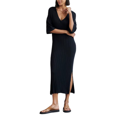 Women Long Dress, Elegant Half Sleeve V Neck Solid Loose Slit Dress Summer Knit Dress