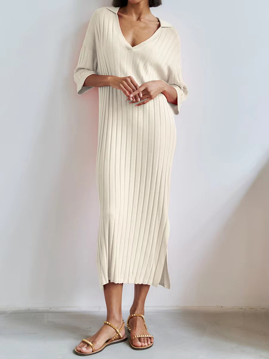 Women Long Dress, Elegant Half Sleeve V Neck Solid Loose Slit Dress Summer Knit Dress