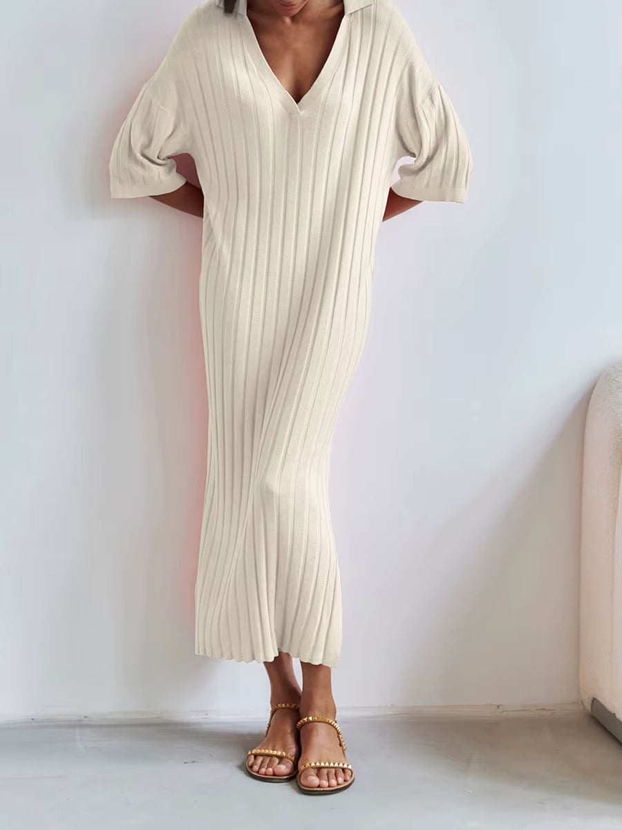 Women Long Dress, Elegant Half Sleeve V Neck Solid Loose Slit Dress Summer Knit Dress