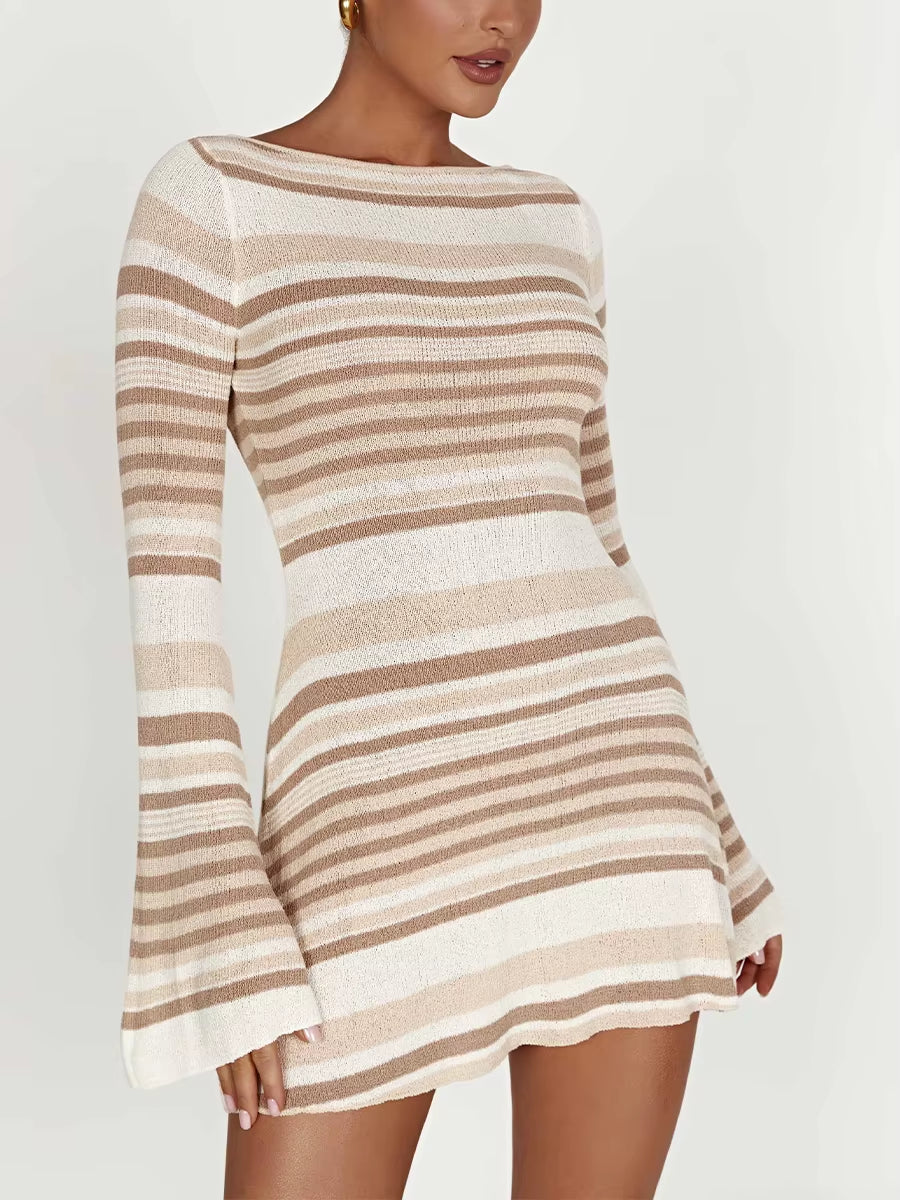 Knitting Elegant Dress for Women Spring Fall Solid Color O Neck Backless Irregular Hem Simple Basic Slim Dresses
